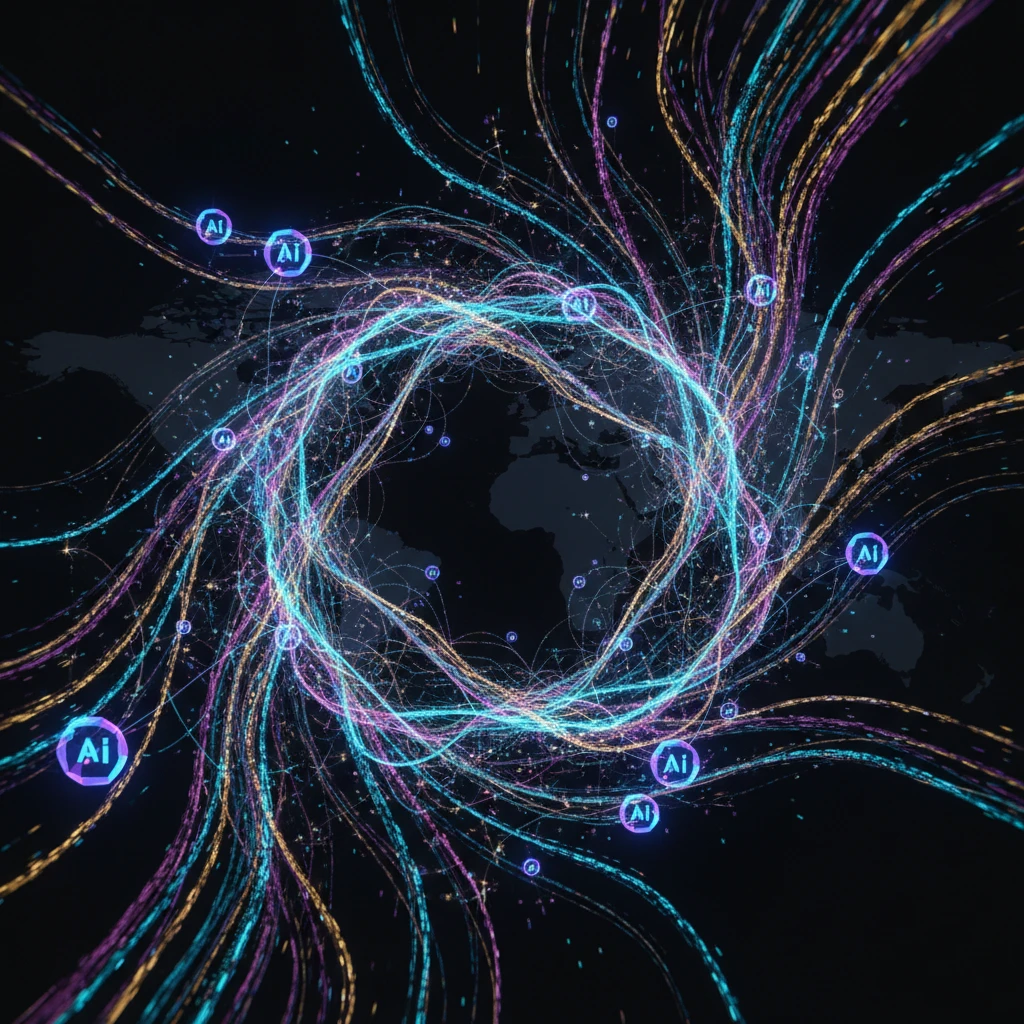 Abstract network of AI models spanning the globe