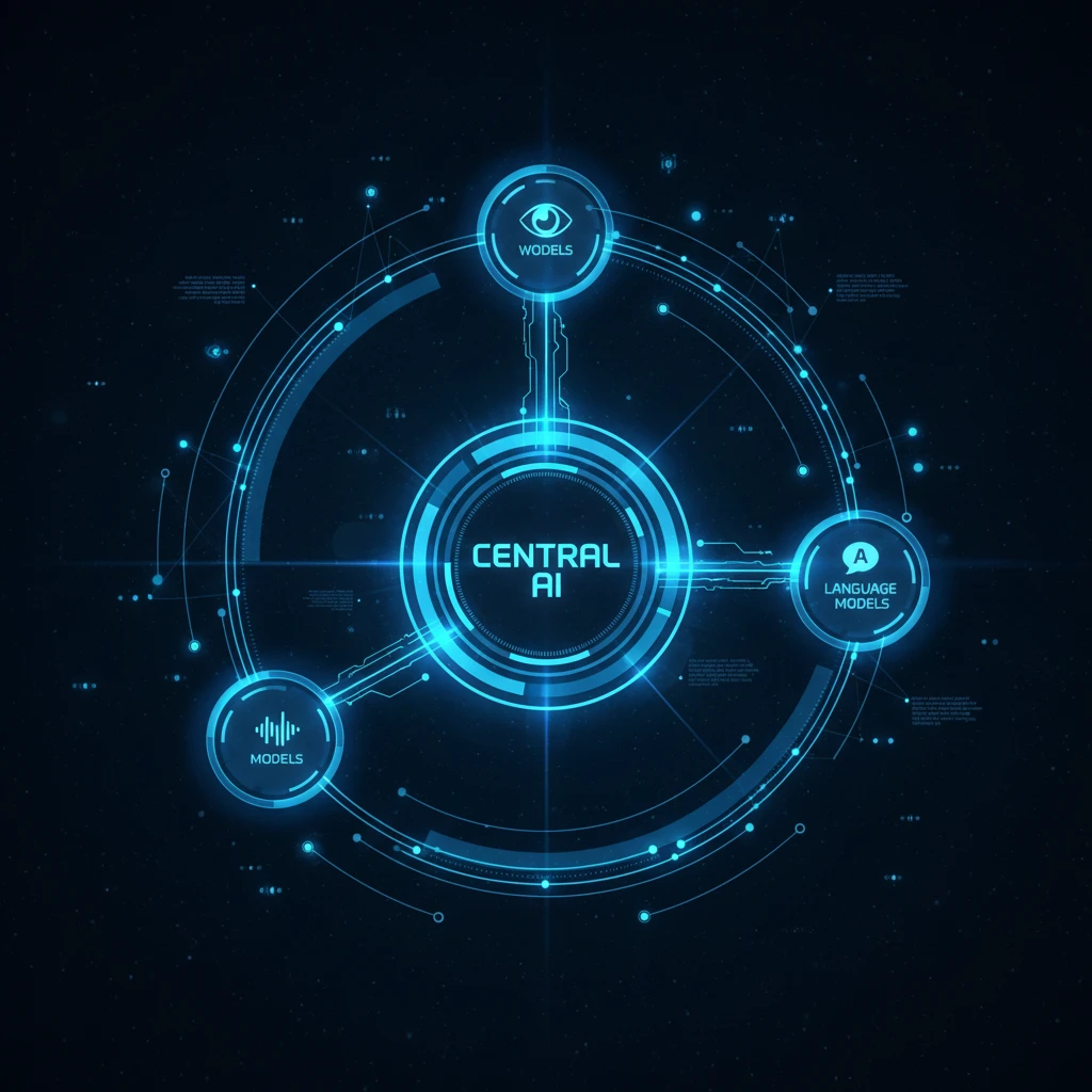 Central AI hub connecting language, image and video model modules